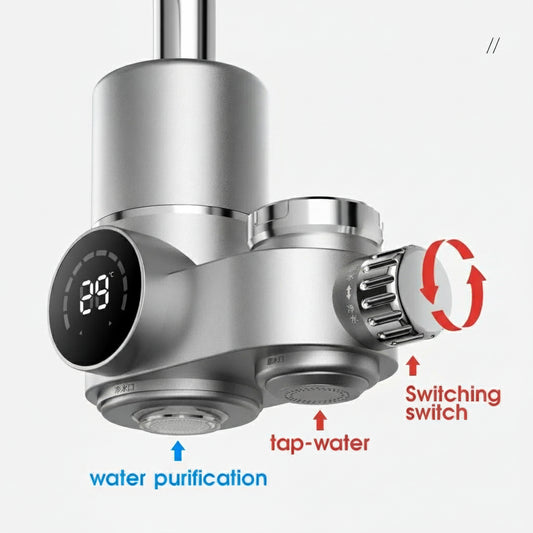 Chrome water filter with digital display and switching switch on a white background