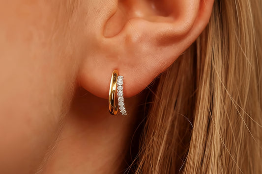 Diamond Huggie Hoop Earrings | Gold & White Gold 18k Plated 1.2mm Moissanite