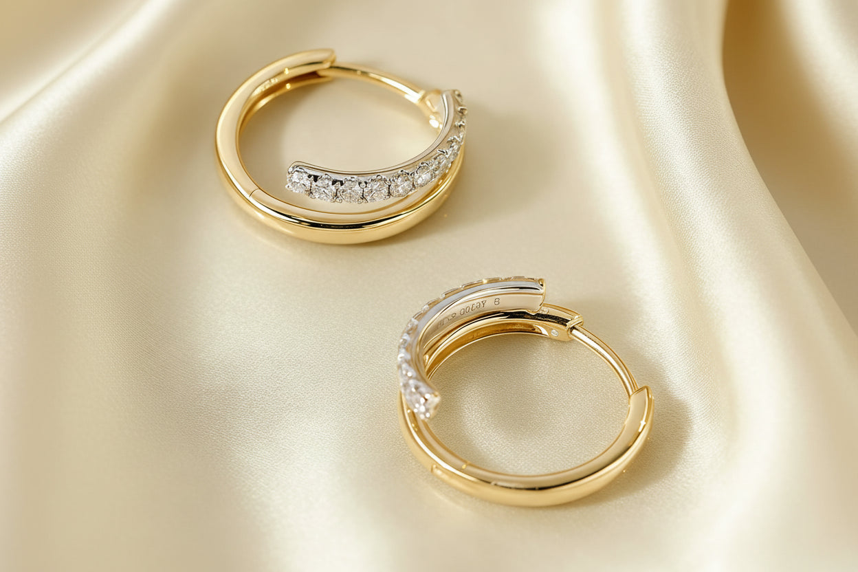 Diamond Huggie Hoop Earrings | Gold & White Gold 18k Plated 1.2mm Moissanite